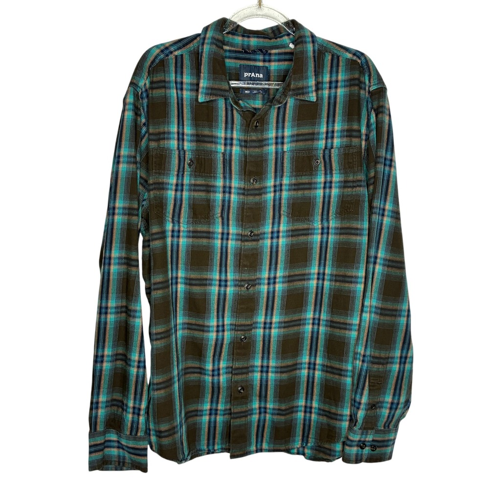 prAna Mens Medium Dolberg Flannel Button Shirt Brown Teal Plaid Organic Cotton